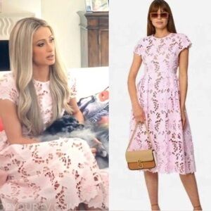 Self Portrait Pink Cotton Guipure Midi Dress Size 4 Like New.